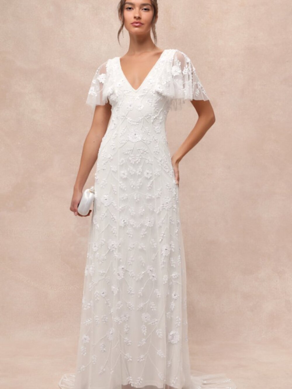 Lulus Safiya White Sequin Flutter Sleeve Maxi Dress - Size XS